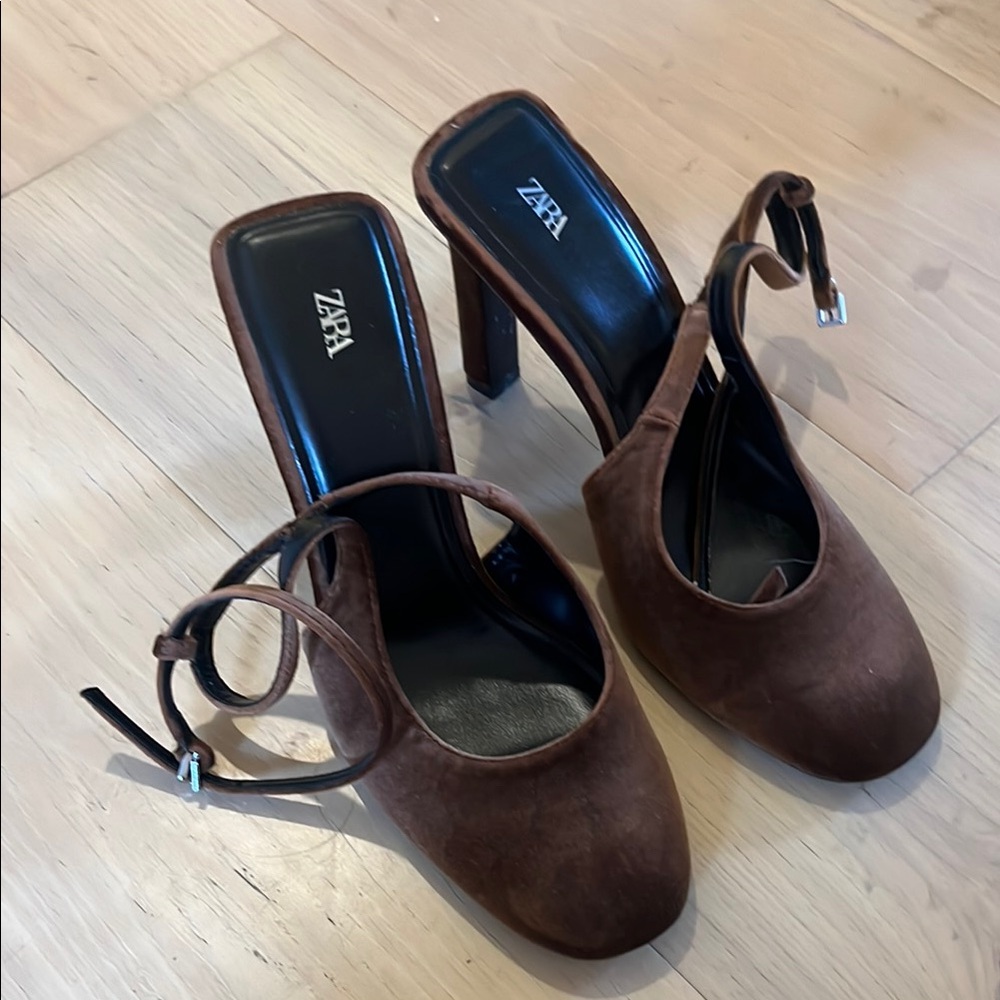 Zara Brown velvet Heeled Shoes with strap around the ankle